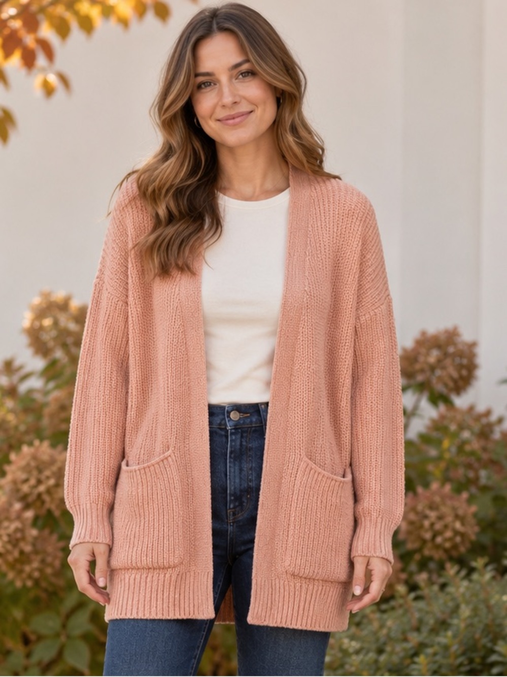 Cotton Knit Cardigan Peach Marled Open Front Pocket Sweater Relaxed Fit Size M